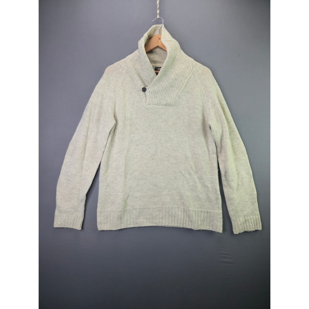 H&M Sweater Mens Large Cream Shawl Collar Button Knit Pullover Oatmeal Textured